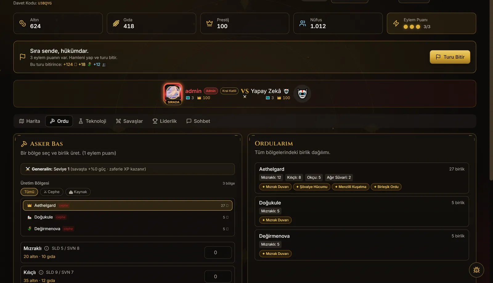 Taht ve Kan army and unit management screen