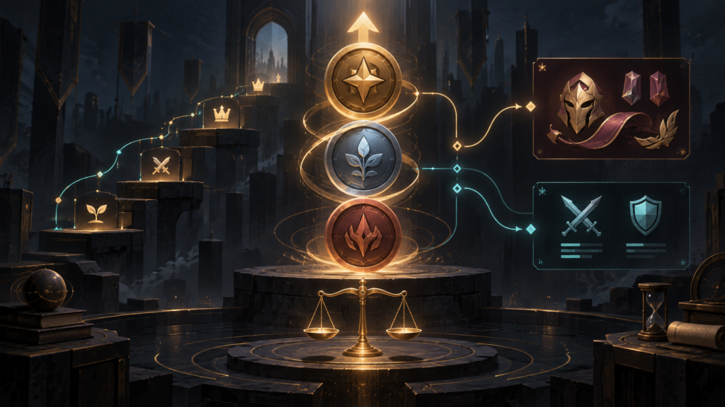 Editorial illustration of fair game progression, rune choices, cosmetic value and competitive balance.