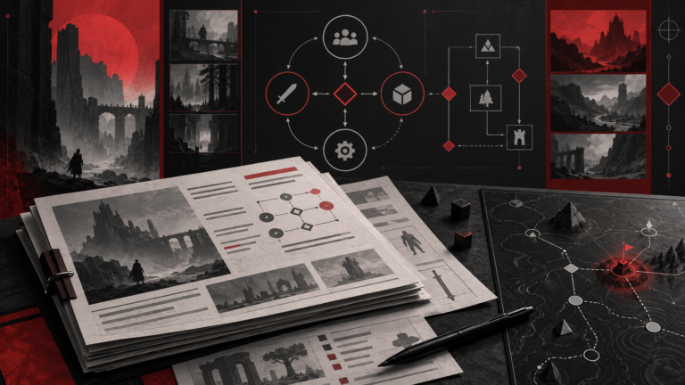 Game Design Document karar akışı, tasarım belgesi ve strateji haritasını gösteren QUBU editorial görseli