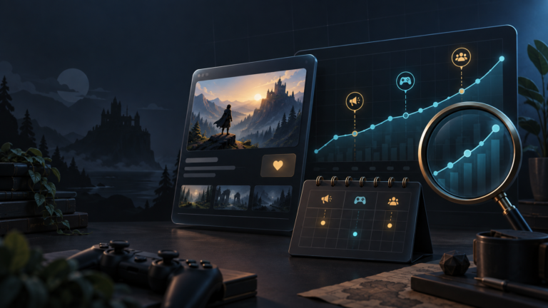Steam wishlist büyümesini kampanya takvimi ve oyuncu ilgisiyle ölçen QUBU editorial görseli
